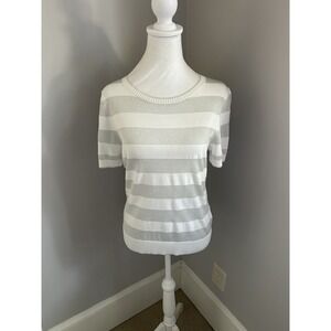 Brooks Brothers Women's Knit Silver Stripe Short Sleeve‎ Top Sparkle